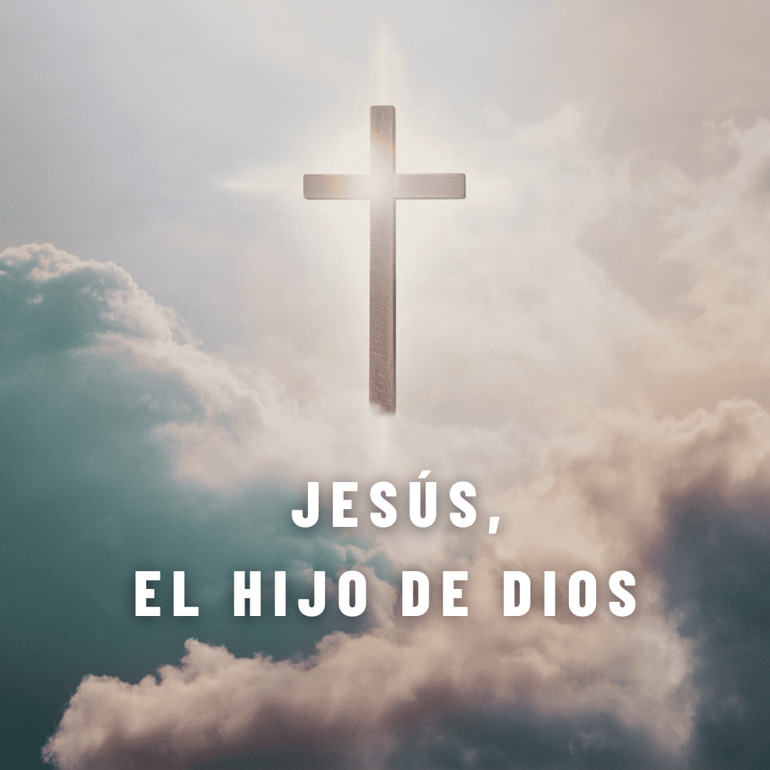 picture of a cross in the clouds with the words "Jesus, el hijo de dios"